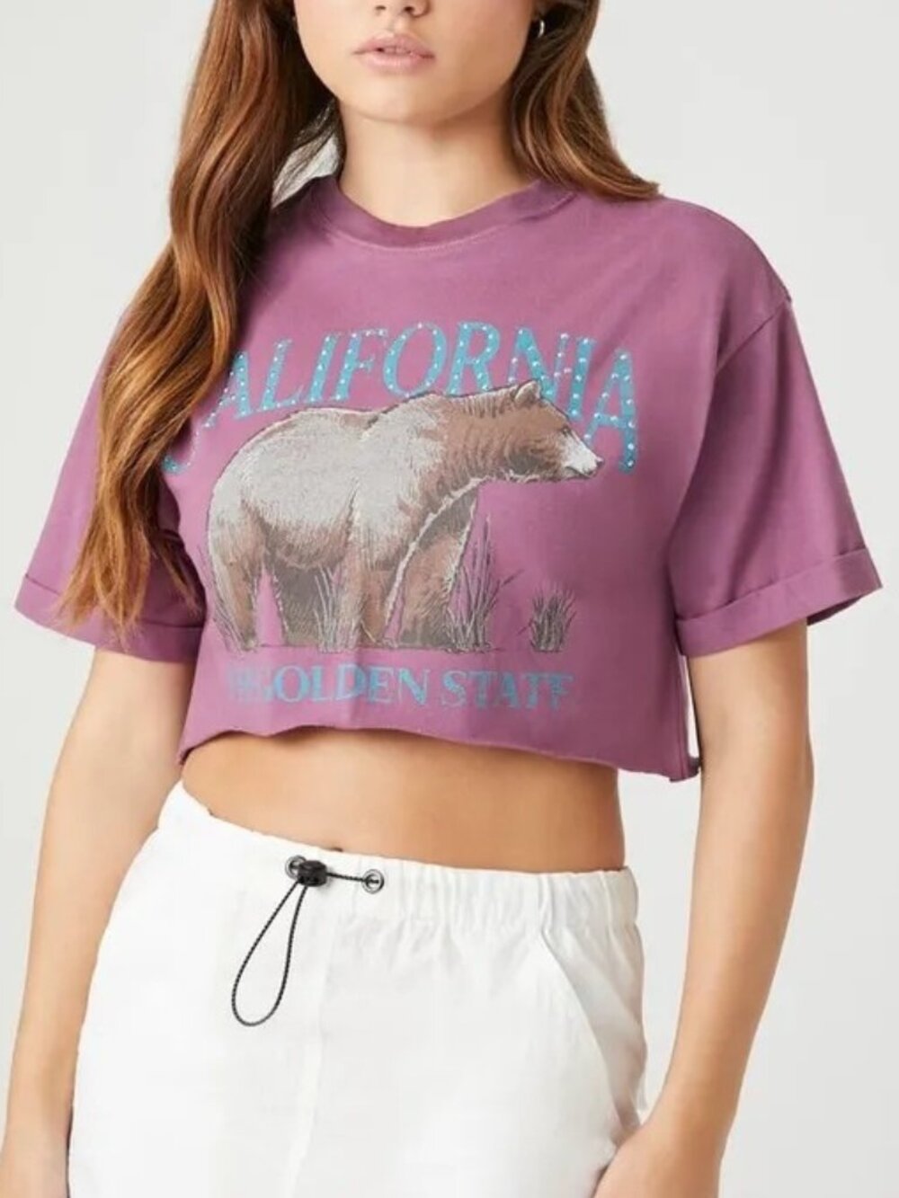 Forever 21 California Bear Graphic Crop Tee Purple S